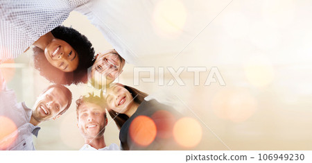 Business people, huddle and diversity, team with banner and low angle, smile in portrait with mission and trust. Mockup space, bokeh and strategy with support, collaboration and corporate group Business people, huddle and diversity, team with banner and low angle, smile in portrait with mission and trust. Mockup space, bokeh and strategy with support, collaboration and corporate group 106949230