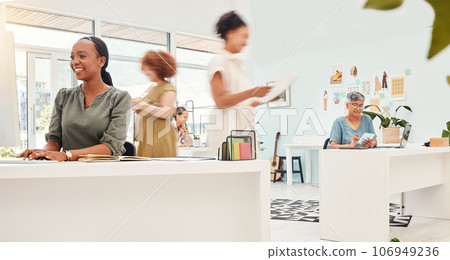Busy office, fast coworking and women in fashion for work in retail or creative industry. Team, business and diversity speed at a company with employees or female designers in a workspace for design Busy office, fast coworking and women in fashion for work in retail or creative industry. Team, business and diversity speed at a company with employees or female designers in a workspace for design 106949236