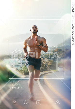 Fitness, running and man with social media overlay for online post, sports blog and update. Mockup, wellness and person with frame on street for exercise, training and workout for cardio outdoors Fitness, running and man with social media overlay for online post, sports blog and update. Mockup, wellness and person with frame on street for exercise, training and workout for cardio outdoors 106949238