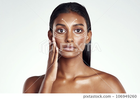 Studio portrait, plastic surgery lines and woman feel beauty filler results, facial transformation change or skincare collagen. Dermatology care, arrow or face of aesthetic person on white background 106949260