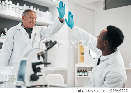 Science men, high five and together in lab, smile or partnership for goals, results or innovation at job. Senior scientist and mentorship with teamwork, congratulations or success in medical research 106949262