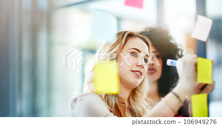 Business women, team writing and glass board for startup planning, marketing project and scrum or agile sticky notes. Young creative employees with ideas and vision, goals or brainstorming on window 106949276