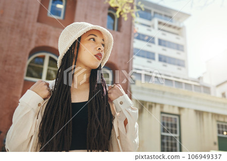 Woman, travel and gen z fashion in city with thinking and freedom idea from urban adventure in New York. Female teenager relax, streetwear clothes and student outdoor on a journey in town on a trip Woman, travel and gen z fashion in city with thinking and freedom idea from urban adventure in New York. Female teenager relax, streetwear clothes and student outdoor on a journey in town on a trip 106949337