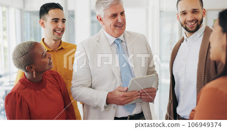 Group, brainstorming and business people with a tablet, conversation and diversity with cooperation. Staff, teamwork or manager with employees, technology or collaboration with creativity or planning 106949374