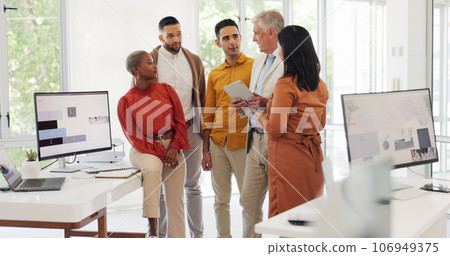 Business people, office and diversity with leader, tablet and brainstorming with planning, partnership and cooperation. Staff, men and women with technology, manager and employees with collaboration Business people, office and diversity with leader, tablet and brainstorming with planning, partnership and cooperation. Staff, men and women with technology, manager and employees with collaboration 106949375