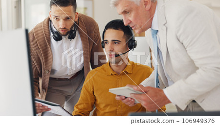 Telemarketing, manager and team with documents in office, internship for customer service agent. Coaching, learning and crm report, man and telemarketing consultant at desk to help in digital sales. Telemarketing, manager and team with documents in office, internship for customer service agent. Coaching, learning and crm report, man and telemarketing consultant at desk to help in digital sales. 106949376