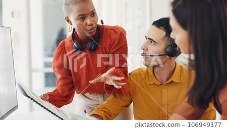 Documents, woman or call center team training with sales consultants for customer support. Diversity, teamwork or leader teaching in conversation for telecom or crm management, coaching or education Documents, woman or call center team training with sales consultants for customer support. Diversity, teamwork or leader teaching in conversation for telecom or crm management, coaching or education 106949377