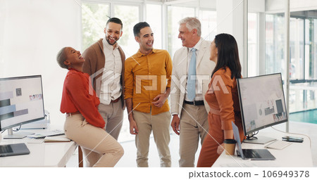 Group, happy business people in office and conversation with pride, sales revenue goals or growth. Diversity, team work or employees with motivation, mission or our vision for project planning 106949378
