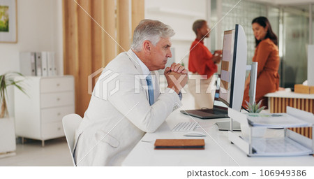 Thinking, ceo and senior man on computer, reading email and planning in business office. Vision, idea and serious manager on pc brainstorming finance solution, problem solving and decision making 106949386