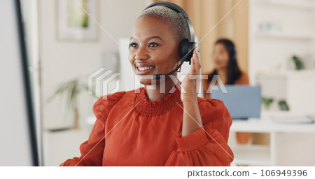 Call center, black woman and communication at computer in office for CRM questions, FAQ contact and IT support. Happy telemarketing agent at desktop for sales advisory, telecom solution or consulting Call center, black woman and communication at computer in office for CRM questions, FAQ contact and IT support. Happy telemarketing agent at desktop for sales advisory, telecom solution or consulting 106949396