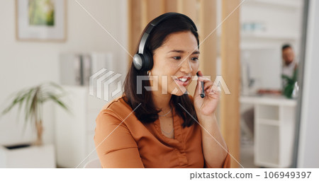 Call center, asian woman and communication at computer in office of CRM questions, FAQ contact or IT support. Telemarketing agent at desktop for sales advisory, telecom solution or consulting service Call center, asian woman and communication at computer in office of CRM questions, FAQ contact or IT support. Telemarketing agent at desktop for sales advisory, telecom solution or consulting service 106949397