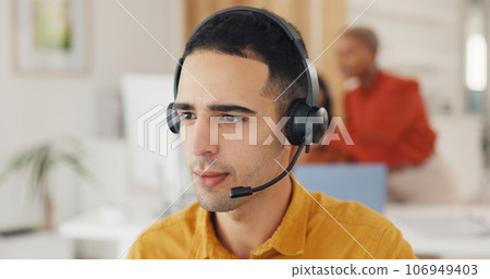 Call center, consultant and face of man in office for CRM questions, FAQ contact and IT support. Telemarketing agent with microphone for sales advisory, telecom solution or offer service at help desk Call center, consultant and face of man in office for CRM questions, FAQ contact and IT support. Telemarketing agent with microphone for sales advisory, telecom solution or offer service at help desk 106949403