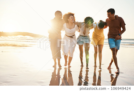 Summer, sunset and travel with friends at beach for freedom, support and diversity. Wellness, energy and happy with group of people walking by the sea for fun, adventure and vacation mockup Summer, sunset and travel with friends at beach for freedom, support and diversity. Wellness, energy and happy with group of people walking by the sea for fun, adventure and vacation mockup 106949424