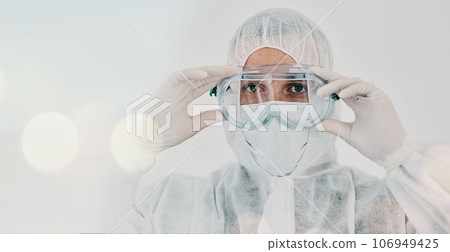 PPE, person and safety suit goggles of lab worker and healthcare professional in hospital or clinic. Cleaning, bacteria protection and face mask with virus, pharmacy and wellness research with bokeh PPE, person and safety suit goggles of lab worker and healthcare professional in hospital or clinic. Cleaning, bacteria protection and face mask with virus, pharmacy and wellness research with bokeh 106949425