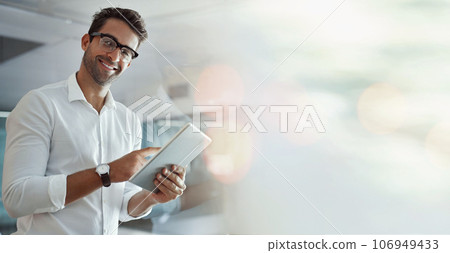 Portrait, business and man with a tablet, banner and connection with network, typing and contact. Face, person and employee with overlay, bokeh and technology for research, internet and website info Portrait, business and man with a tablet, banner and connection with network, typing and contact. Face, person and employee with overlay, bokeh and technology for research, internet and website info 106949433