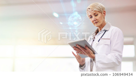Woman, doctor and tablet with global hologram, digital transformation and healthcare tech innovation. Analysis, overlay and mockup space, senior with 3D and online hospital system for future health Woman, doctor and tablet with global hologram, digital transformation and healthcare tech innovation. Analysis, overlay and mockup space, senior with 3D and online hospital system for future health 106949434