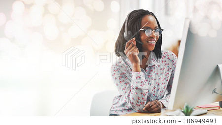Business, telemarketing and black woman with a computer, mockup or call center with help desk, connection or crm. African person, employee or sales agent with a pc, bokeh or tech support in an office Business, telemarketing and black woman with a computer, mockup or call center with help desk, connection or crm. African person, employee or sales agent with a pc, bokeh or tech support in an office 106949491