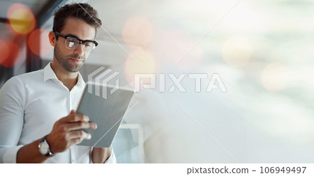 Banner, tablet and businessman in office with mockup, bokeh and online business communication for trading. Networking, schedule and man with digital app for website scroll and space in workplace. Banner, tablet and businessman in office with mockup, bokeh and online business communication for trading. Networking, schedule and man with digital app for website scroll and space in workplace. 106949497