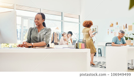 Happy, coworking and a busy office of women for fashion, retail career and staff. Smile, diversity and an African employee in the workplace for design or styling at a company together in the morning Happy, coworking and a busy office of women for fashion, retail career and staff. Smile, diversity and an African employee in the workplace for design or styling at a company together in the morning 106949499