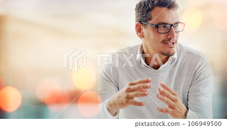 Communication, meeting and businessman in office with mock up space banner for advertising. Discussion, working and professional young male designer talking in workplace with mockup for marketing. Communication, meeting and businessman in office with mock up space banner for advertising. Discussion, working and professional young male designer talking in workplace with mockup for marketing. 106949500