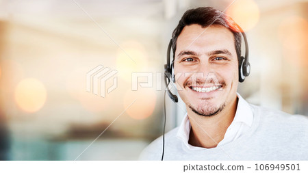 Customer service mockup, portrait or happy man in call center for advice, tech support consulting. Smile, space or friendly face of consultant in telemarketing or telecom company with mic headset 106949501