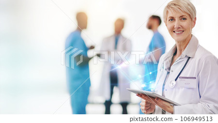Senior woman, doctor and tablet with digital transformation in portrait, healthcare and tech innovation. Medical research, overlay and mockup space, online hospital system and futuristic health 106949513