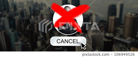 Man, cancel culture and boycott with censor to silence opinion, stop protest or shaming. Businessman, x or letter text overlay for censorship of public speaker or influencer in city or social media 106949526