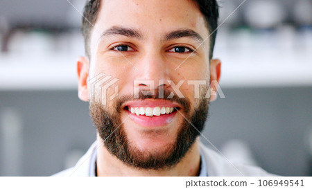 Doctor, phd scientist and medical pathologist smiling and laughing in a lab. Face of a happy and proud young indian man working as a clinical research expert confident about developing a breakthrough Doctor, phd scientist and medical pathologist smiling and laughing in a lab. Face of a happy and proud young indian man working as a clinical research expert confident about developing a breakthrough 106949541