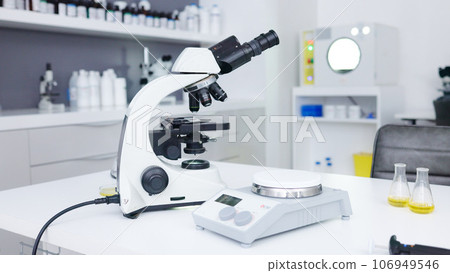 Backgrounds, science scale and microscope in laboratory for innovation, medical research or investigation of dna, particles or medicine. Biotechnology tools, chemistry or empty for health development 106949546