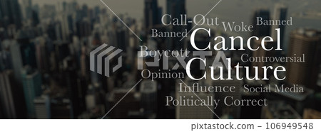 Cancel culture, text in city and social media opinion, silence freedom of speech and message. Words, censorship and protest of influencer, call out and ban on internet for online bullying in society Cancel culture, text in city and social media opinion, silence freedom of speech and message. Words, censorship and protest of influencer, call out and ban on internet for online bullying in society 106949548
