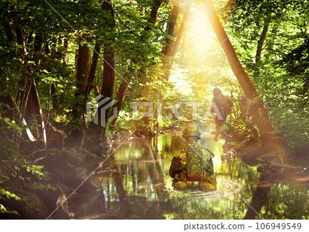 Army, camouflage and forest at war with soldiers and disguise in nature with trees and river. Woods, warrior and mission in battlefield with survival, adventure and journey in amazon rainforest 106949549