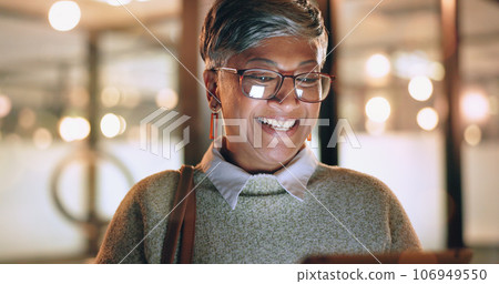 Face, tablet and senior woman in office laughing at funny meme or video at night. Technology, break and happy elderly female with touchscreen on social media reading comic story after working late. 106949550