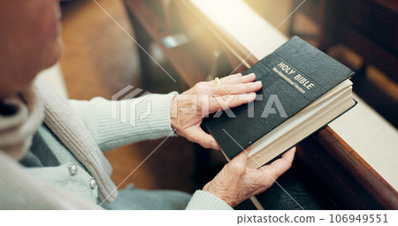Reading, bible or hands of woman in church ready to worship God, holy spirit or religion in Christian cathedral. Faith, spiritual lady or person reading book in chapel praying to praise Jesus Christ 106949551