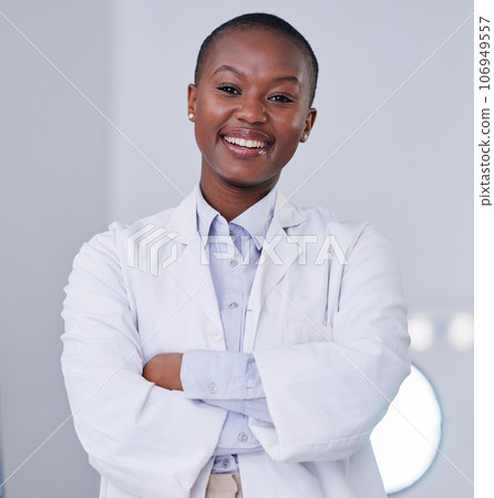Black woman, portrait and scientist with arms crossed in lab, office and confidence for research, study and phd work. Science, laboratory and African expert with innovation in biology or chemistry Black woman, portrait and scientist with arms crossed in lab, office and confidence for research, study and phd work. Science, laboratory and African expert with innovation in biology or chemistry 106949557