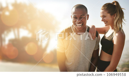 Happy, couple and portrait for fitness mockup in nature with exercise goals and outdoor summer sports at sunrise. Healthy, training and people smile with happiness in cardio workout or hiking Happy, couple and portrait for fitness mockup in nature with exercise goals and outdoor summer sports at sunrise. Healthy, training and people smile with happiness in cardio workout or hiking 106949558