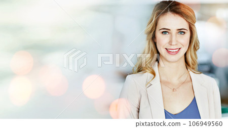 Portrait, business and woman in office on banner, corporate company and workplace bokeh. Face smile, entrepreneur and professional employee, worker and happy consultant on mockup space in Australia. 106949560