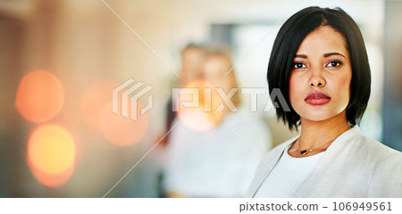Portrait, business and woman with a career, banner and professional with confidence, office and formal. Face, person or consultant in a workplace, overlay or company development with success or bokeh Portrait, business and woman with a career, banner and professional with confidence, office and formal. Face, person or consultant in a workplace, overlay or company development with success or bokeh 106949561