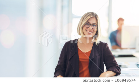 Portrait, business woman and happy in office on bokeh, startup company or workplace. Face smile, designer and professional employee, creative worker and entrepreneur person in glasses on mockup space Portrait, business woman and happy in office on bokeh, startup company or workplace. Face smile, designer and professional employee, creative worker and entrepreneur person in glasses on mockup space 106949574