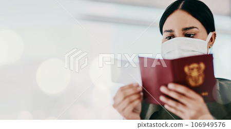 Travel banner, woman and face mask with passport and plane ticket, compliance with Covid rules and airport. Mockup space, bokeh and journey with identity document, booking and flight with health Travel banner, woman and face mask with passport and plane ticket, compliance with Covid rules and airport. Mockup space, bokeh and journey with identity document, booking and flight with health 106949576