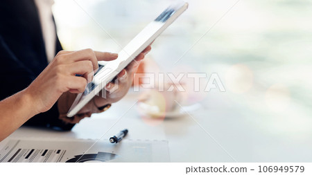 Person, hands and tablet in research at office for online communication or networking on mockup space. Closeup of employee with technology in schedule planning, innovation or analysis at workplace Person, hands and tablet in research at office for online communication or networking on mockup space. Closeup of employee with technology in schedule planning, innovation or analysis at workplace 106949579