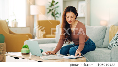 Entrepreneur, professional and startup worker on her laptop inside home office. Woman thinking, idea and planning digital marketing employee online. Remote, communication and email in house lounge. Entrepreneur, professional and startup worker on her laptop inside home office. Woman thinking, idea and planning digital marketing employee online. Remote, communication and email in house lounge. 106949588