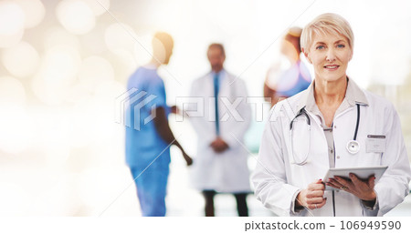 Tablet, portrait and senior woman doctor at hospital with overlay for medical, research or consulting with smile. Face, help and elderly lady health expert with digital app for online service or FAQ 106949590