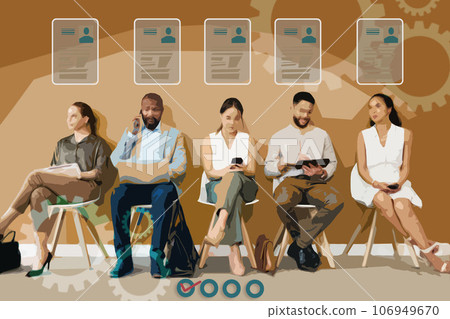 Business people, waiting room and team on technology in office, recruitment and hiring. Group, hr line and employees in interview, career opportunity or job search in human resources on generative ai Business people, waiting room and team on technology in office, recruitment and hiring. Group, hr line and employees in interview, career opportunity or job search in human resources on generative ai 106949670