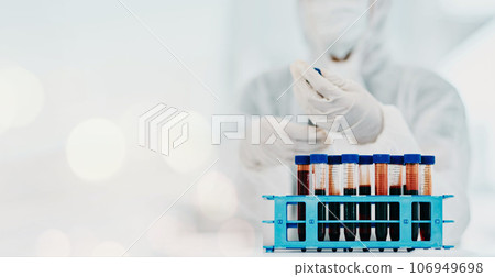 Blood test, DNA and science, scientist and banner, health and medical research with mockup space. Bokeh, healthcare and sample in test tube for experiment, medicine person in PPE and pharmaceutical 106949698