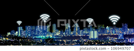 Night, city and wireless network or internet with neon overlay, lights and connection for communication. Cityscape, future technology and icon for location, streaming and connectivity or tower access Night, city and wireless network or internet with neon overlay, lights and connection for communication. Cityscape, future technology and icon for location, streaming and connectivity or tower access 106949707