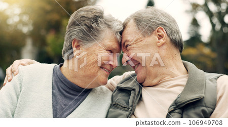 Forehead, touch and senior couple in a park with love, happy and conversation with romantic bonding. Fun, old people and elderly man embrace woman with care, romance or soulmate connection outdoor Forehead, touch and senior couple in a park with love, happy and conversation with romantic bonding. Fun, old people and elderly man embrace woman with care, romance or soulmate connection outdoor 106949708