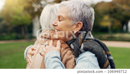 Love, connection and elderly women hugging for affection, romance and bonding on an outdoor date. Nature, commitment and senior female couple in retirement with intimate moment in a garden or park. 106949712