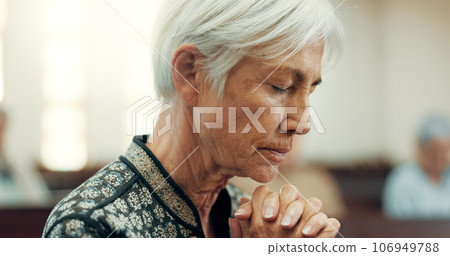 Senior, prayer or old woman in church for God, holy spirit or religion in cathedral or Christian community. Faith, spiritual or face of elderly person in chapel or sanctuary to praise Jesus Christ 106949788