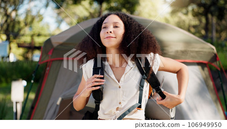 Camping, smile and a woman with a backpack in nature for hiking, trekking or adventure in the morning. Happy, ideas and a young girl with a bag for a journey, walk or vacation in the mountains Camping, smile and a woman with a backpack in nature for hiking, trekking or adventure in the morning. Happy, ideas and a young girl with a bag for a journey, walk or vacation in the mountains 106949950