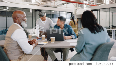Business people, diversity and meeting with laptop for planning, vision and strategy with team. Group, leadership or meeting with teamwork computer or discussion for feedback or review in office 106949953